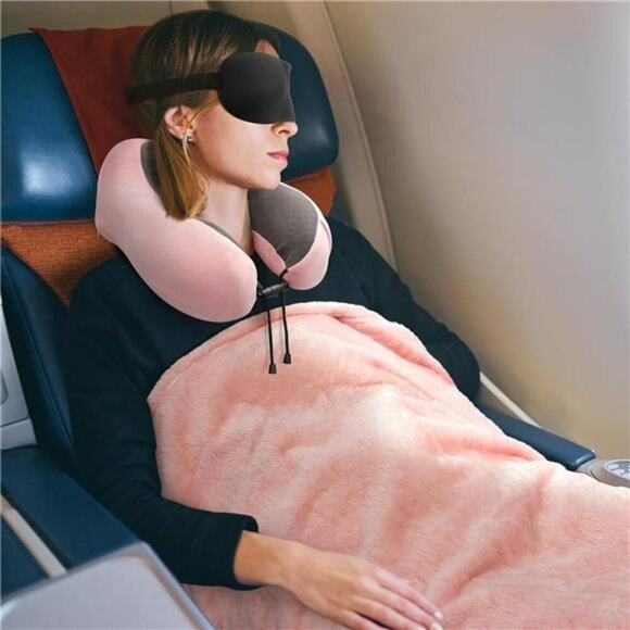 Travel Pillow Blanket Set Memory Foam Neck Support with Eye Mask for Airplane - Picture 7 of 8